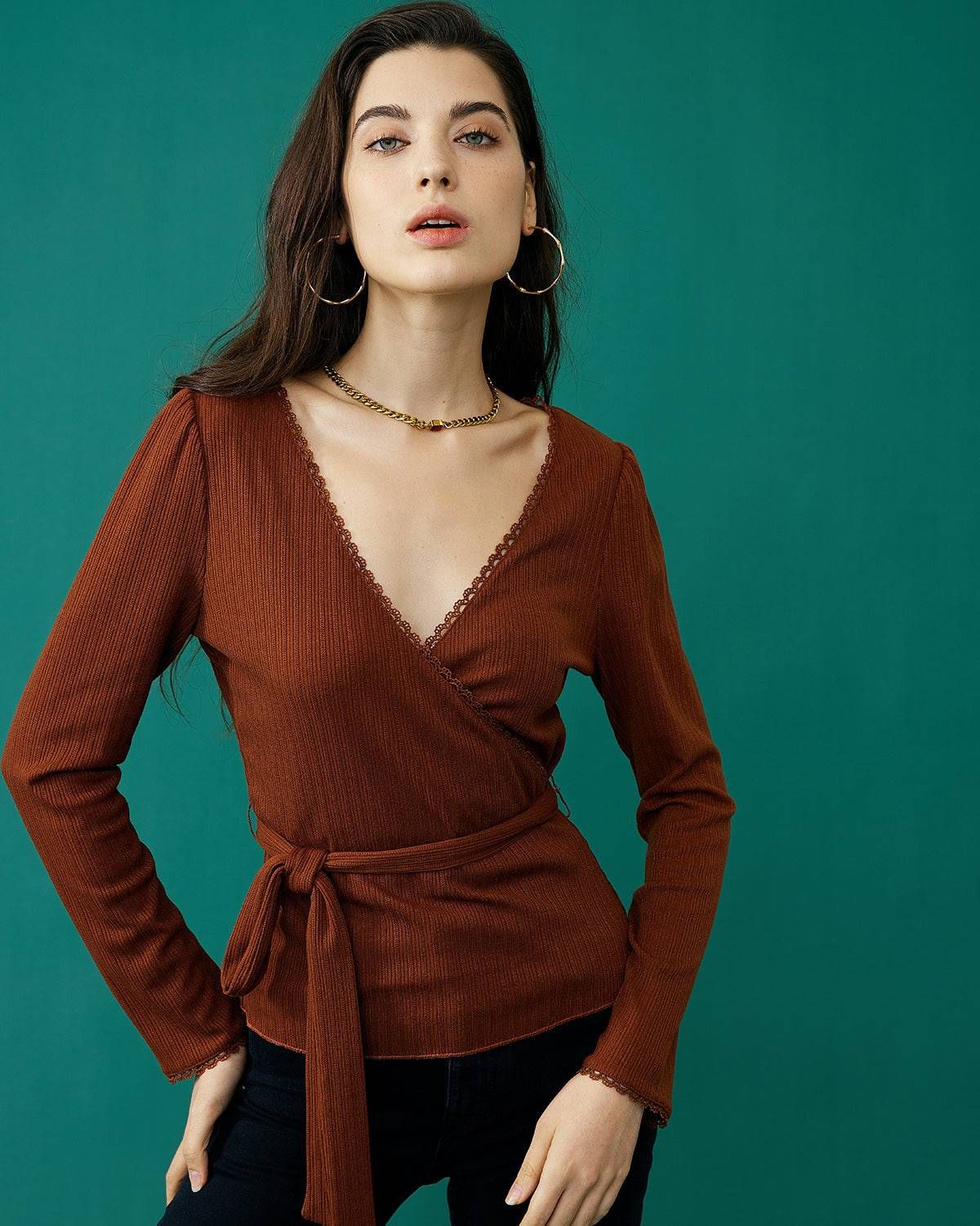 The Lace Detailed Wrap Knit Top sold by rihoas