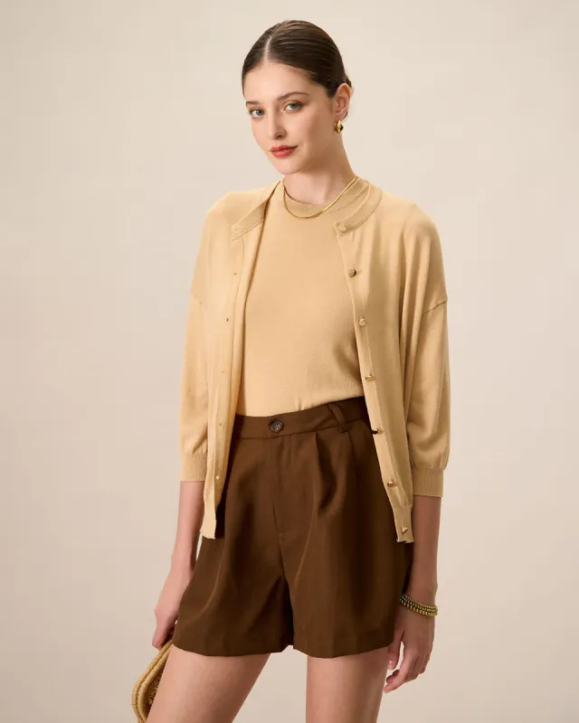 Women's Khaki Crew Neck Ribbed Tencel Cardigan sold by rihoas