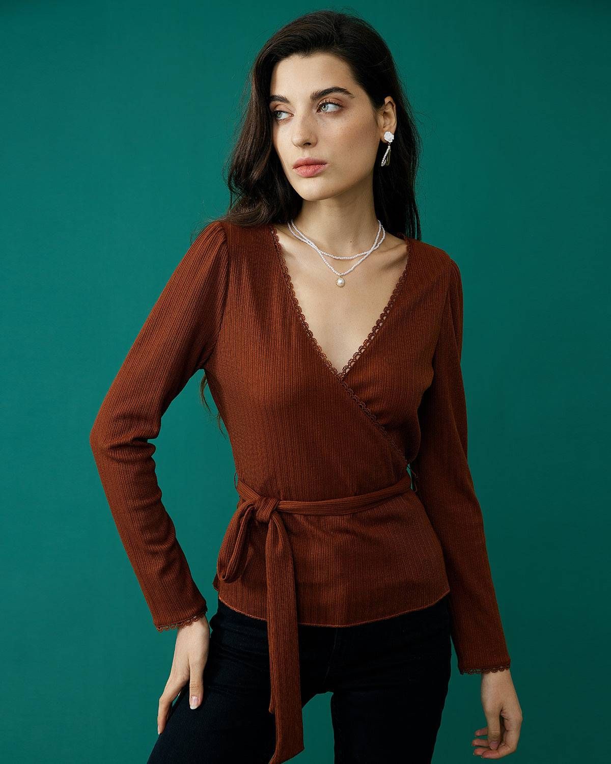 The Lace Detailed Wrap Knit Top sold by rihoas product image thumbnail 3