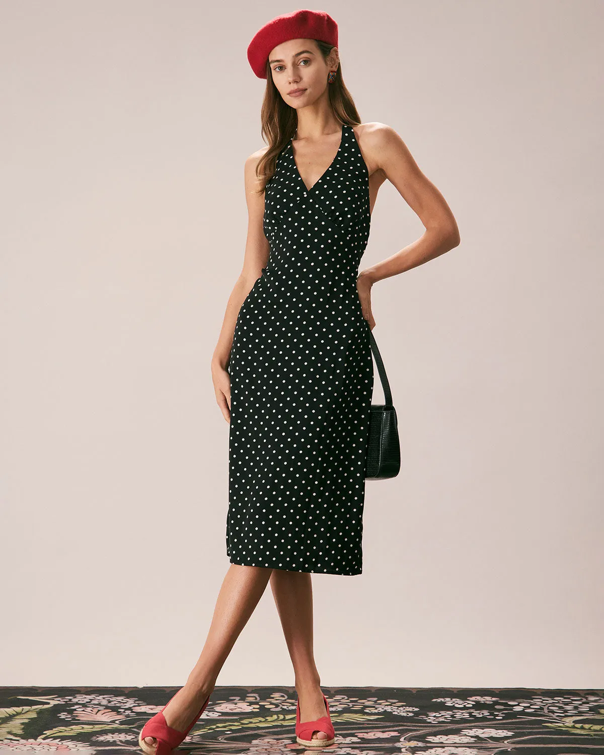The Black Halter Polka Dot Ruched Midi Dress sold by rihoas product image thumbnail 5