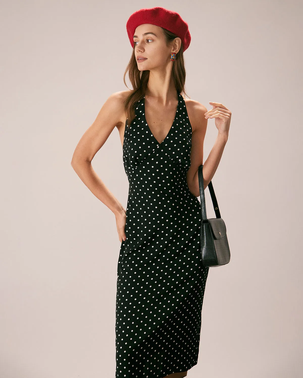 The Black Halter Polka Dot Ruched Midi Dress sold by rihoas product image thumbnail 4