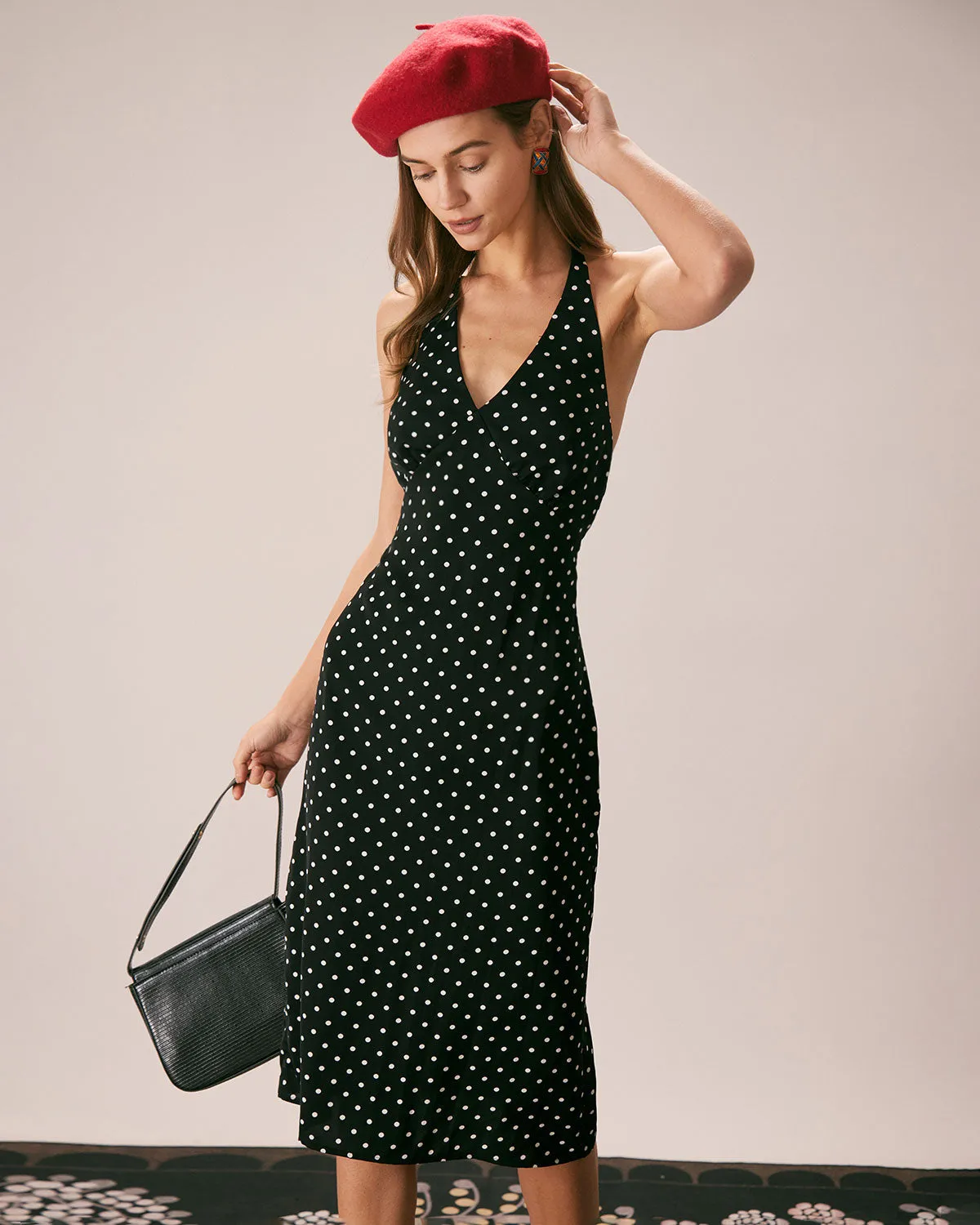 The Black Halter Polka Dot Ruched Midi Dress | Parallel