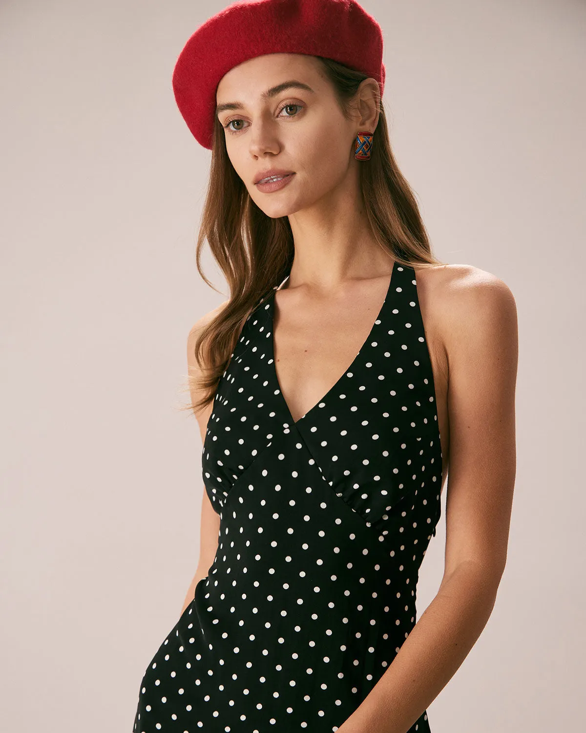 The Black Halter Polka Dot Ruched Midi Dress sold by rihoas product image thumbnail 2