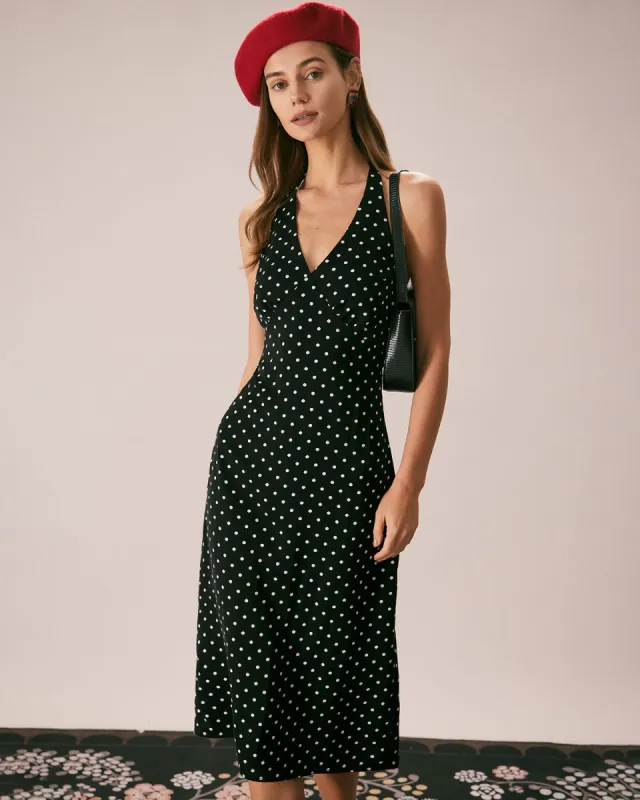 The Black Halter Polka Dot Ruched Midi Dress sold by rihoas