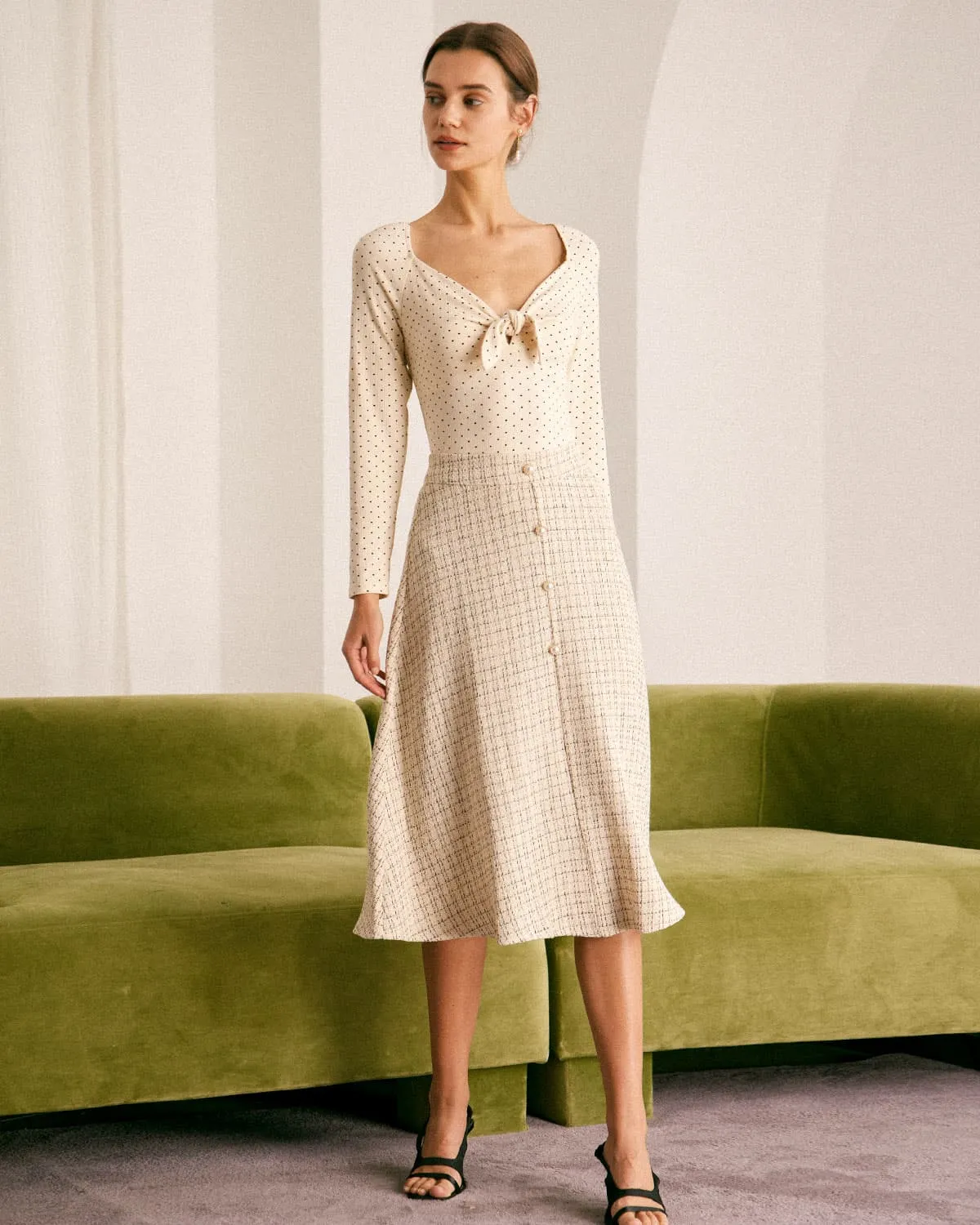 The Beige V Neck Polka Dot Knot Tee sold by rihoas product image thumbnail 3