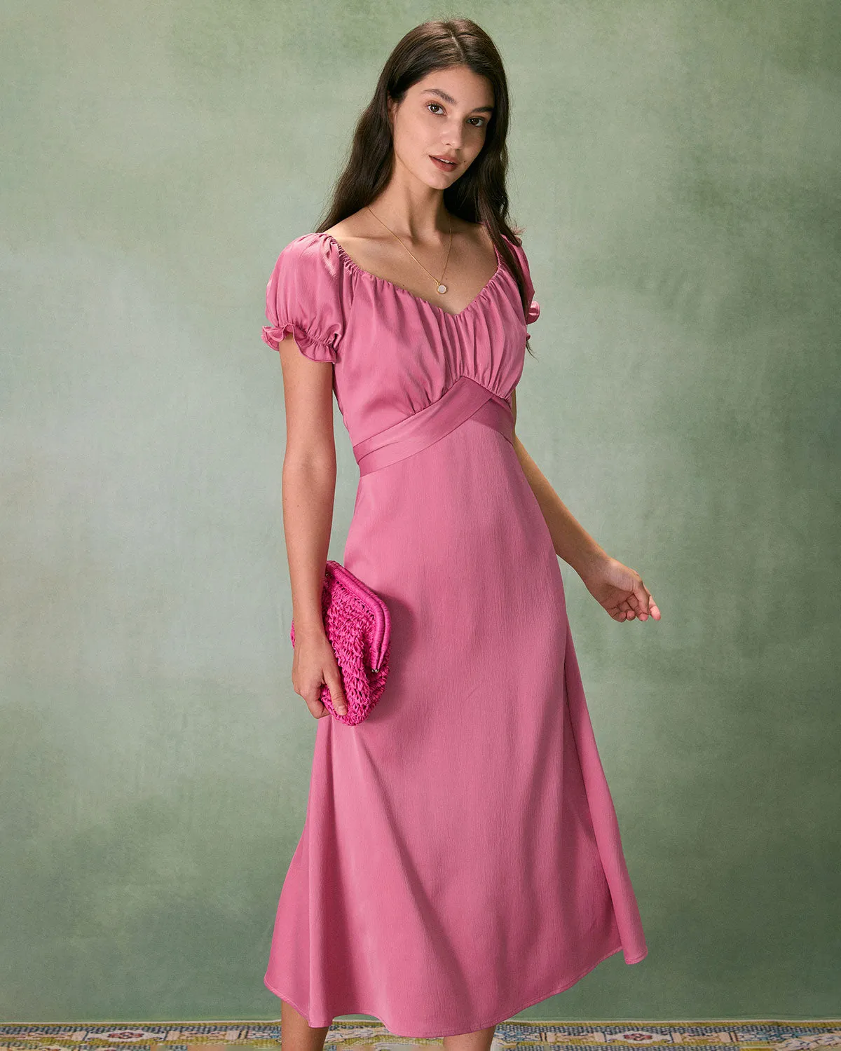 The Pink Sweetheart Neck Ruched Satin Midi Dress sold by rihoas product image thumbnail 4