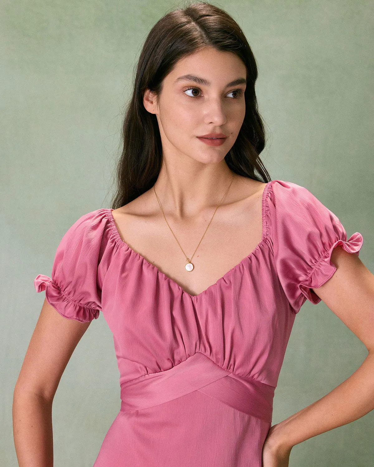 The Pink Sweetheart Neck Ruched Satin Midi Dress sold by rihoas product image thumbnail 2