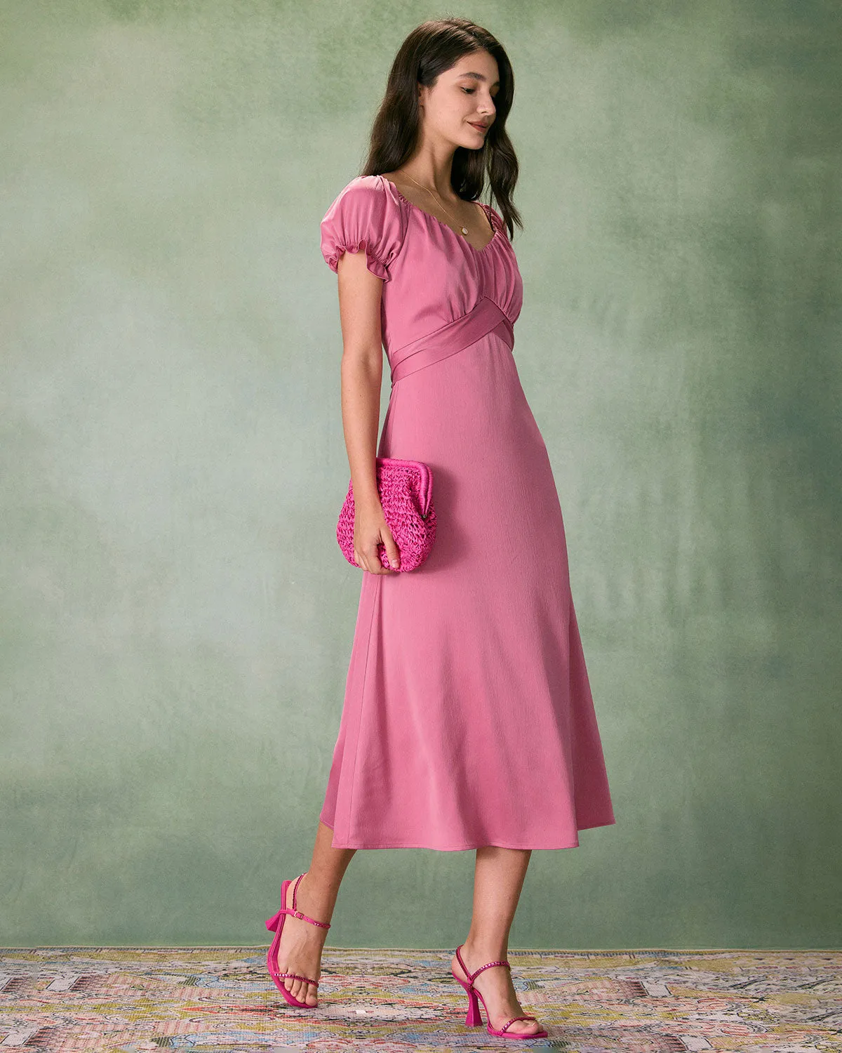 The Pink Sweetheart Neck Ruched Satin Midi Dress sold by rihoas product image thumbnail 5
