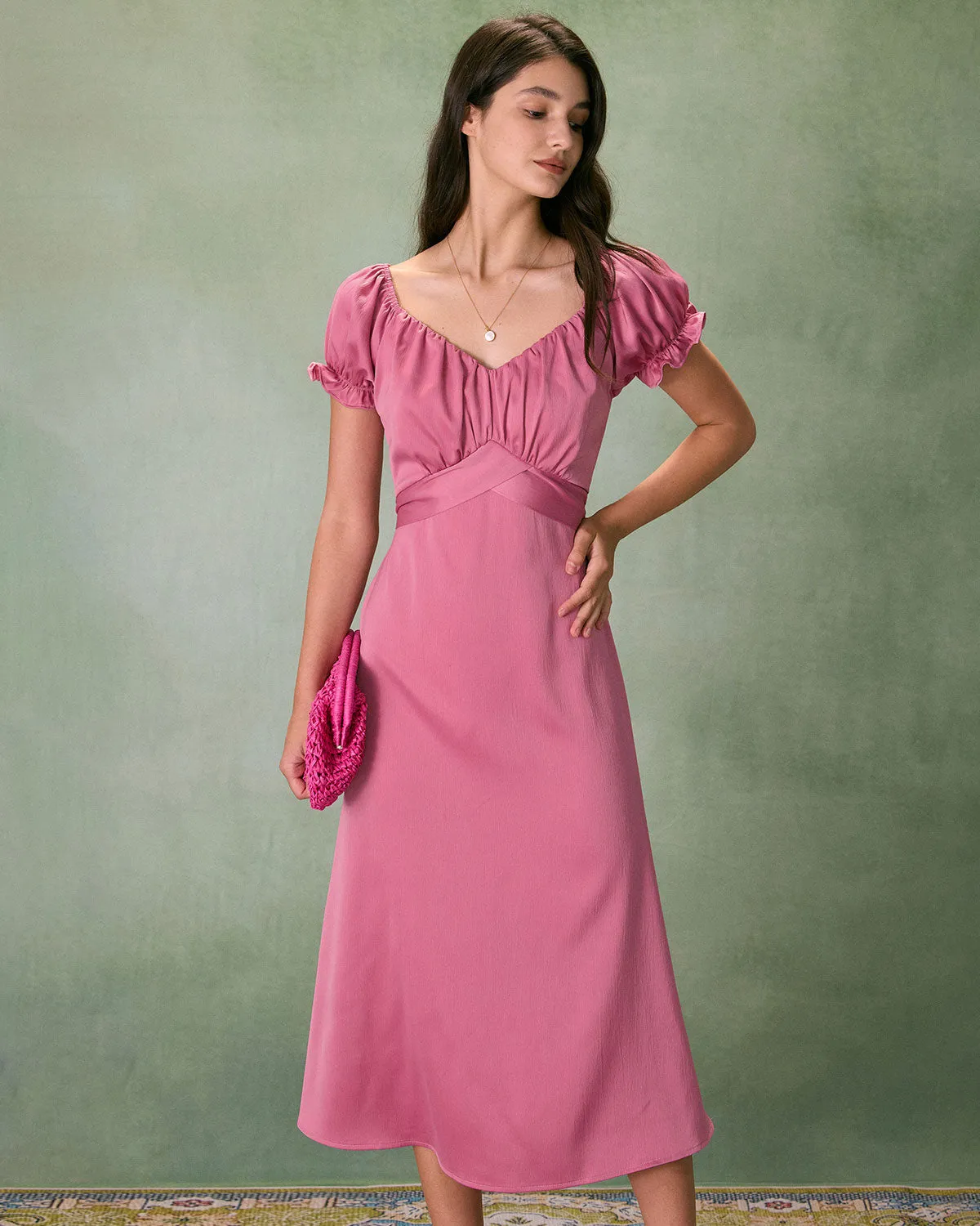The Pink Sweetheart Neck Ruched Satin Midi Dress sold by rihoas