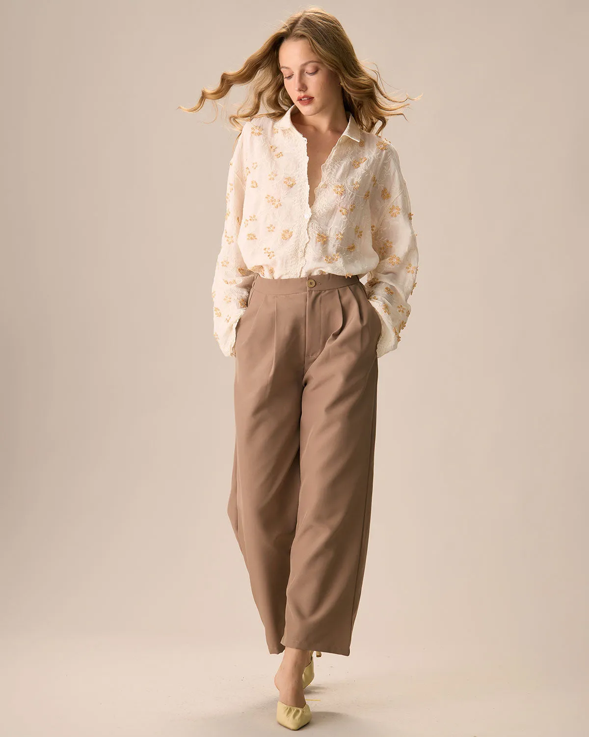 Women's Apricot Jacquard Cotton Long Sleeve Shirt sold by rihoas product image thumbnail 4