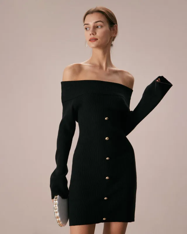 The Black Off The Shoulder Sweater Mini Dress sold by rihoas