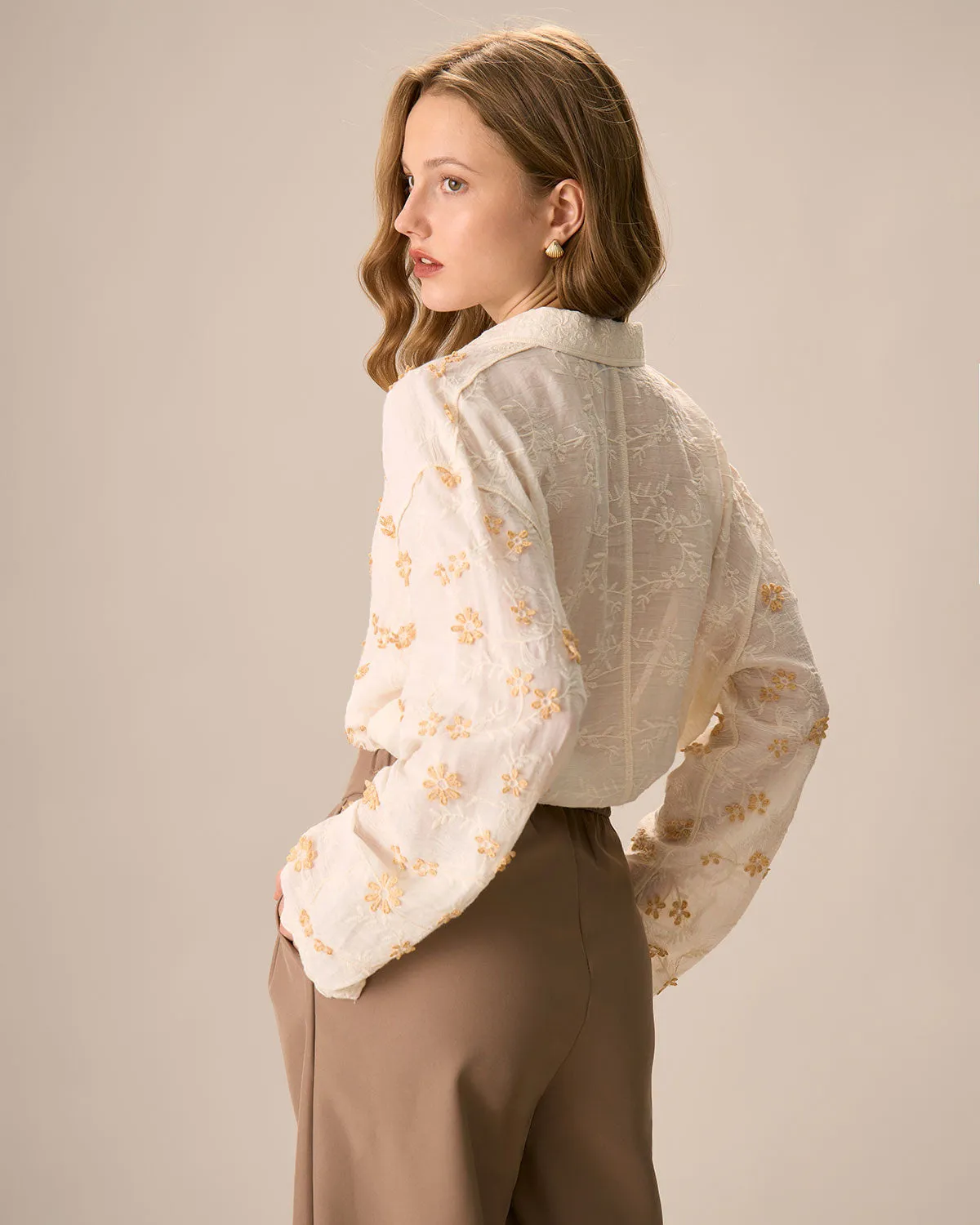 Women's Apricot Jacquard Cotton Long Sleeve Shirt sold by rihoas product image thumbnail 3