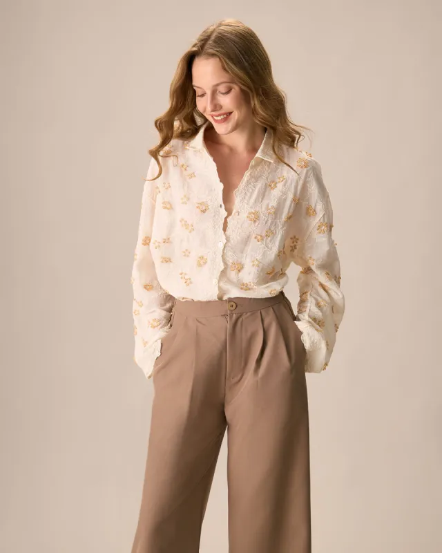 Women's Apricot Jacquard Cotton Long Sleeve Shirt sold by rihoas