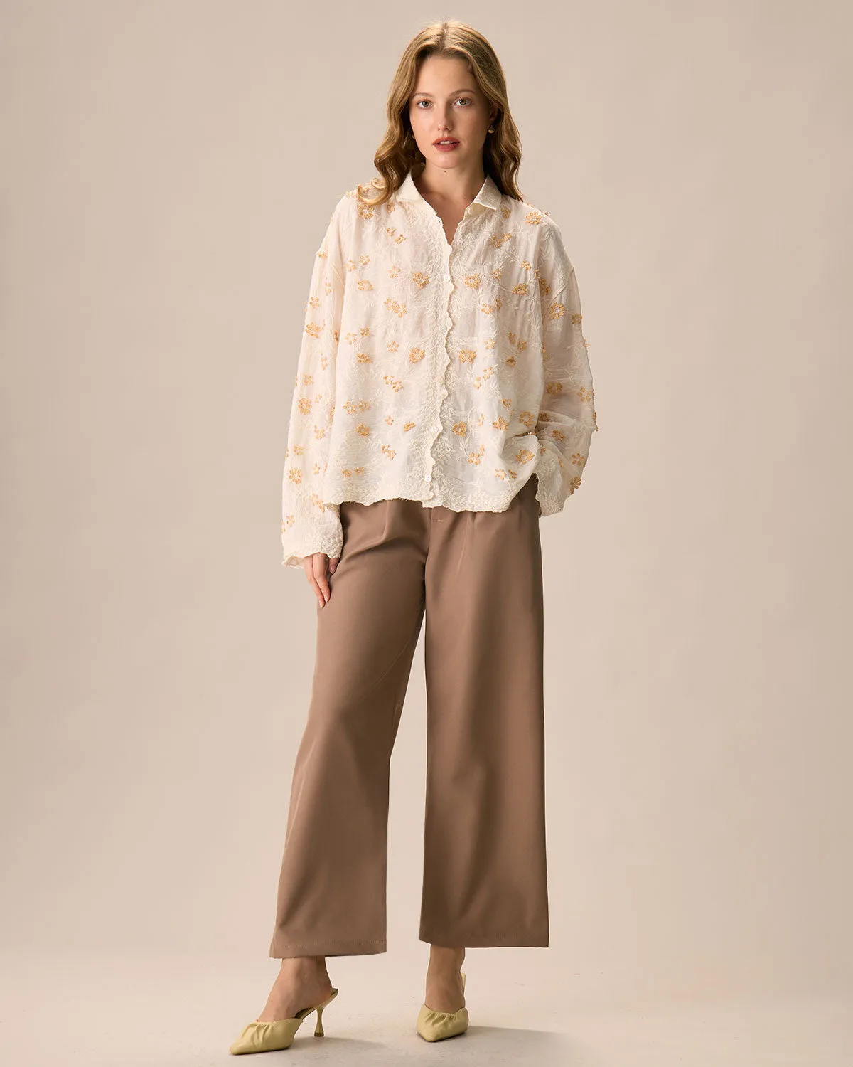 Women's Apricot Jacquard Cotton Long Sleeve Shirt sold by rihoas product image thumbnail 5