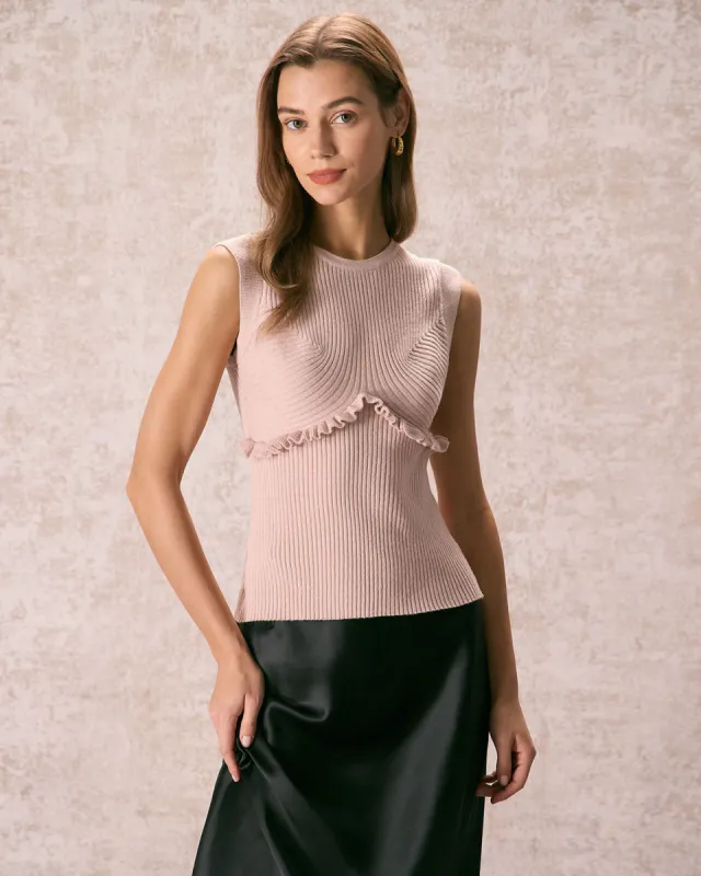 The Apricot Crew Neck Ruffle Knit Tank Top sold by rihoas