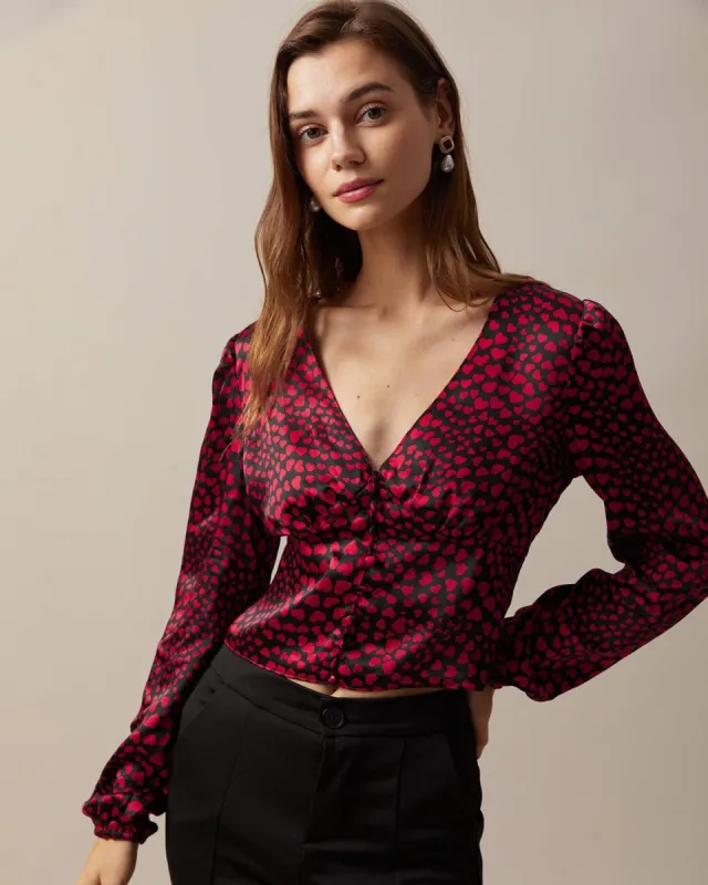 The Red V Neck Heart Print Crop Blouse sold by rihoas
