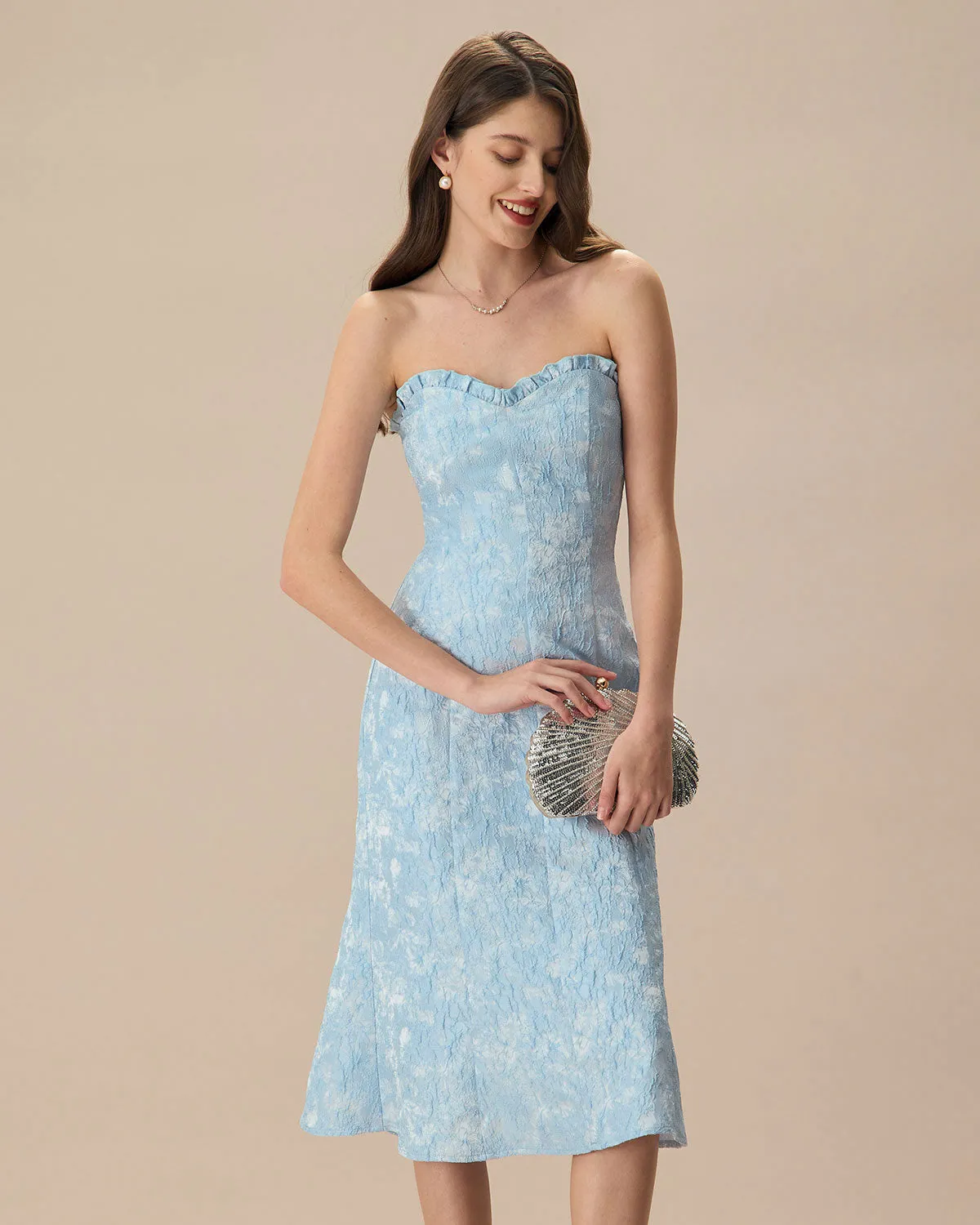 Women's Blue Strapless Jacquard Midi Dress sold by rihoas