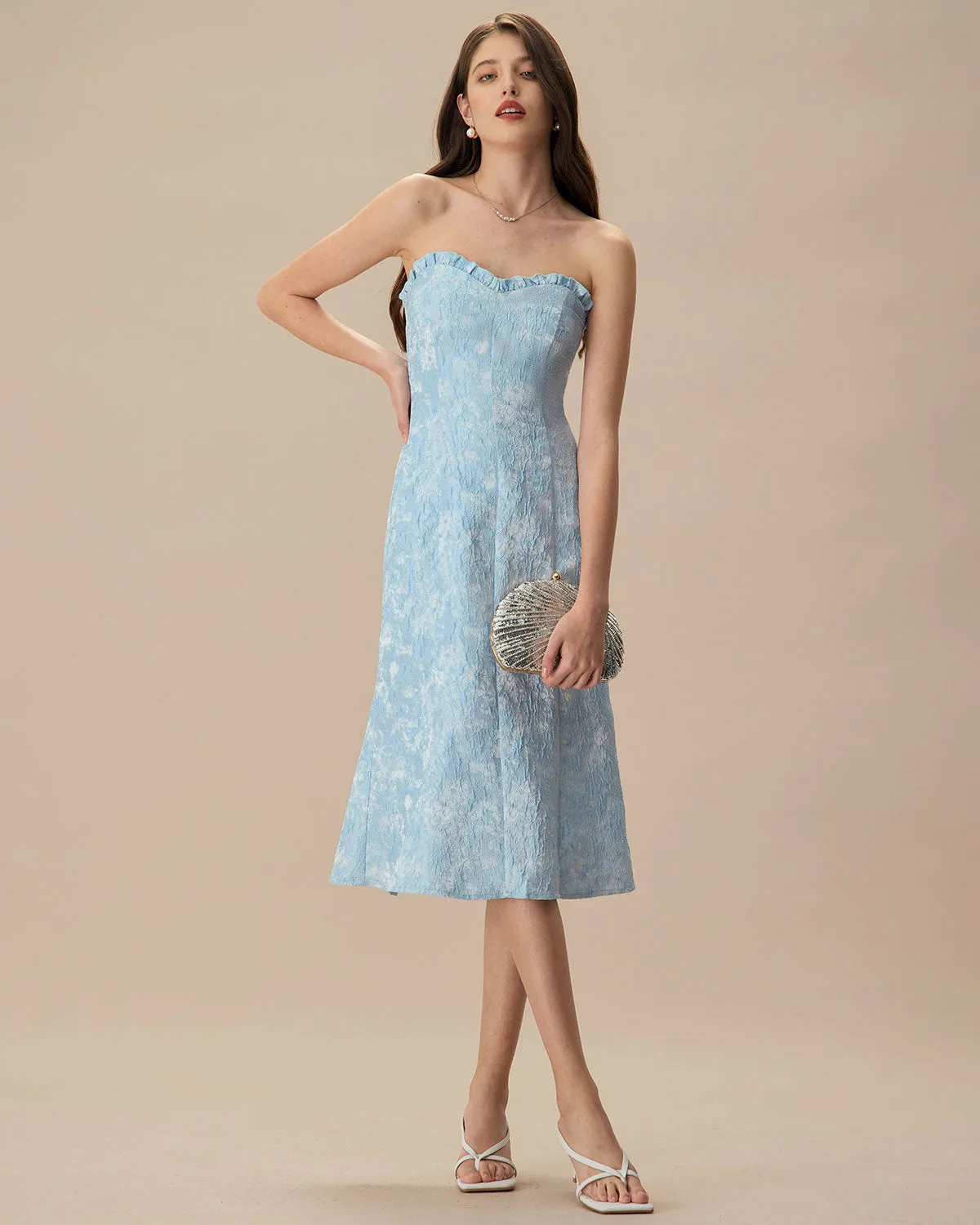 Women's Blue Strapless Jacquard Midi Dress sold by rihoas product image thumbnail 5