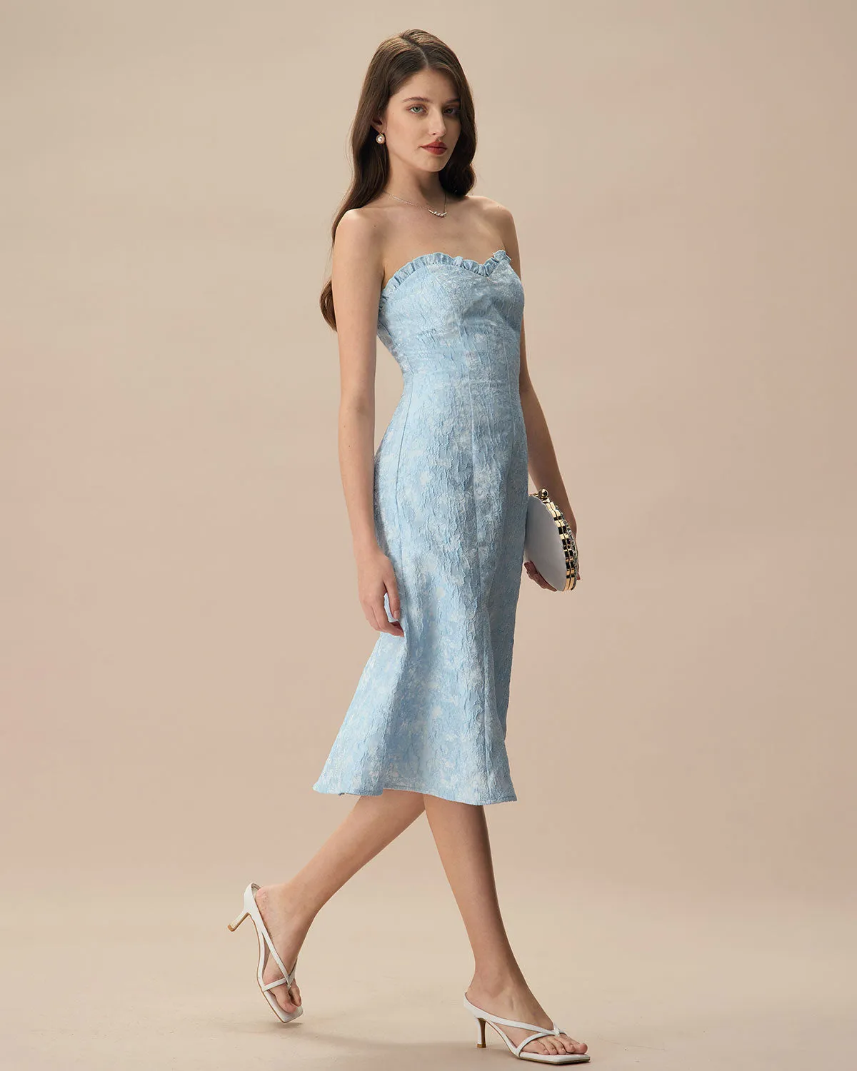 Women's Blue Strapless Jacquard Midi Dress sold by rihoas product image thumbnail 4