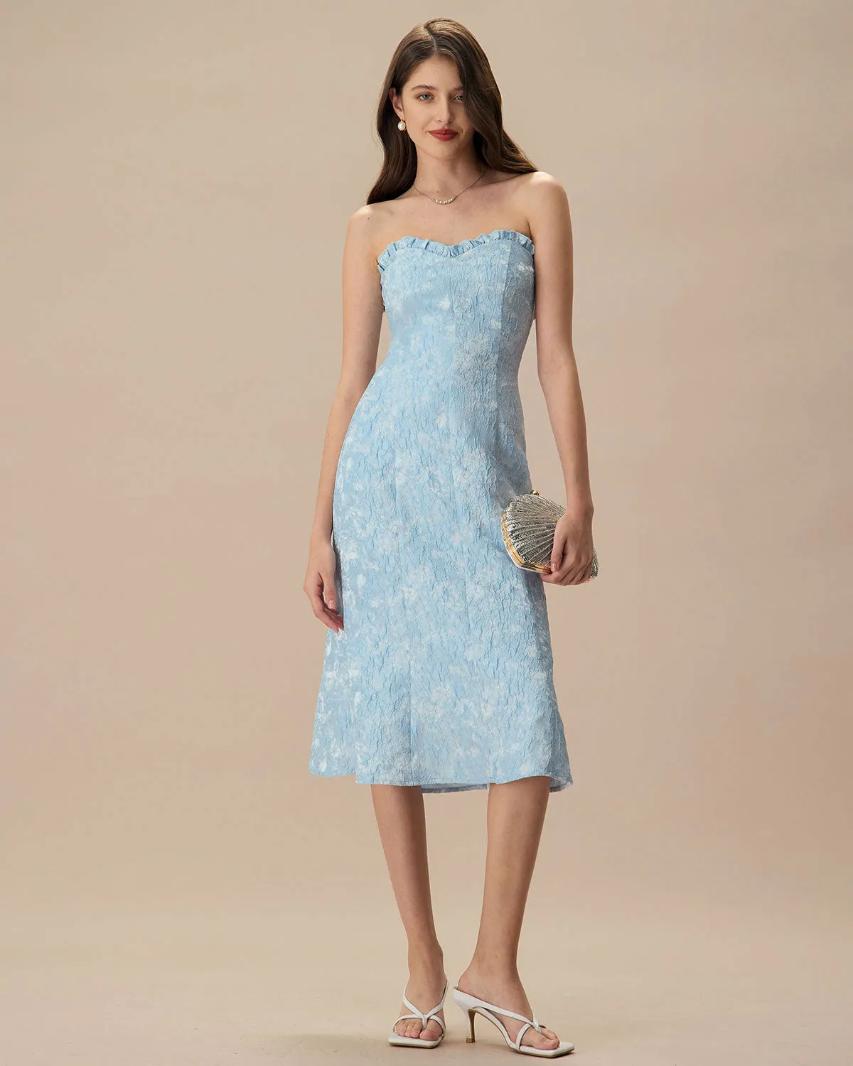 Women's Blue Strapless Jacquard Midi Dress sold by rihoas product image thumbnail 3