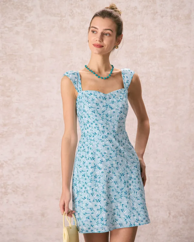 The Blue Sweetheart Neck Floral Mini Dress sold by rihoas