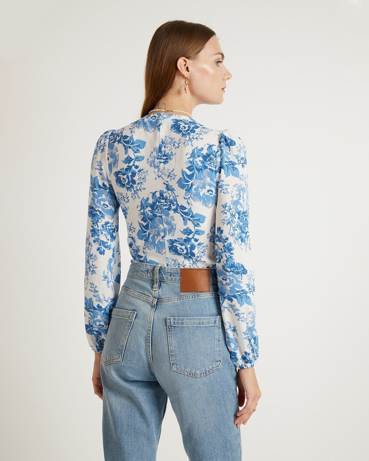 The Blue V Neck Floral Lantern Sleeve Blouse sold by rihoas product image thumbnail 2