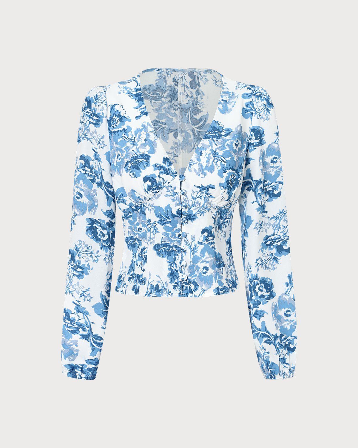 The Blue V Neck Floral Lantern Sleeve Blouse sold by rihoas product image thumbnail 3
