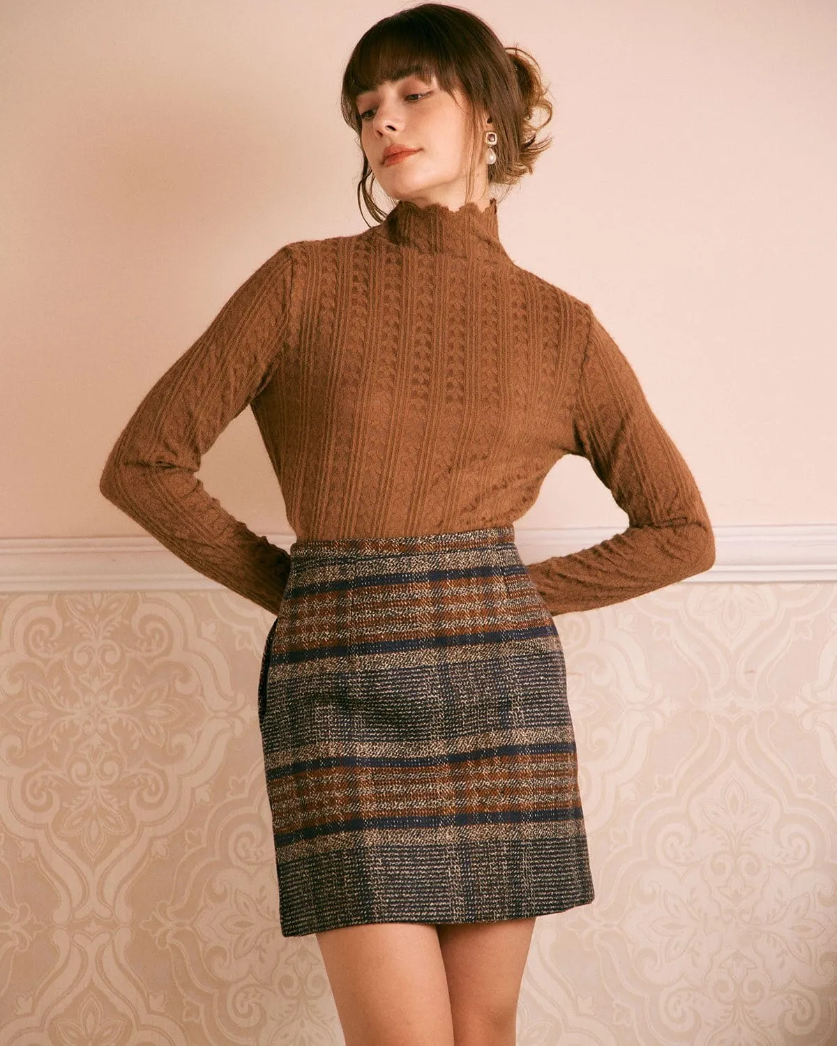 The Brown Mock Neck Textured Knit Top sold by rihoas product image thumbnail 2