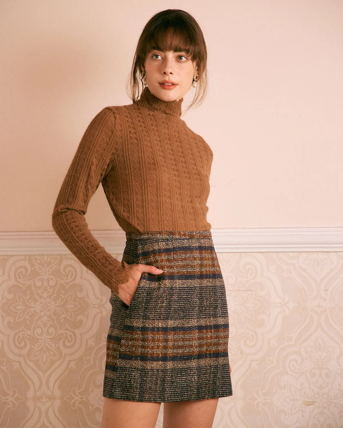 The Brown Mock Neck Textured Knit Top sold by rihoas product image thumbnail 5