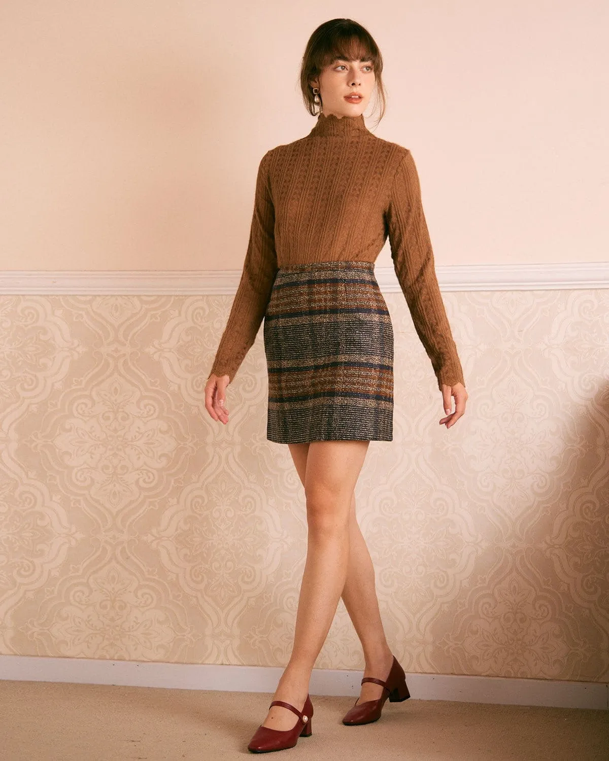 The Brown Mock Neck Textured Knit Top sold by rihoas product image thumbnail 3