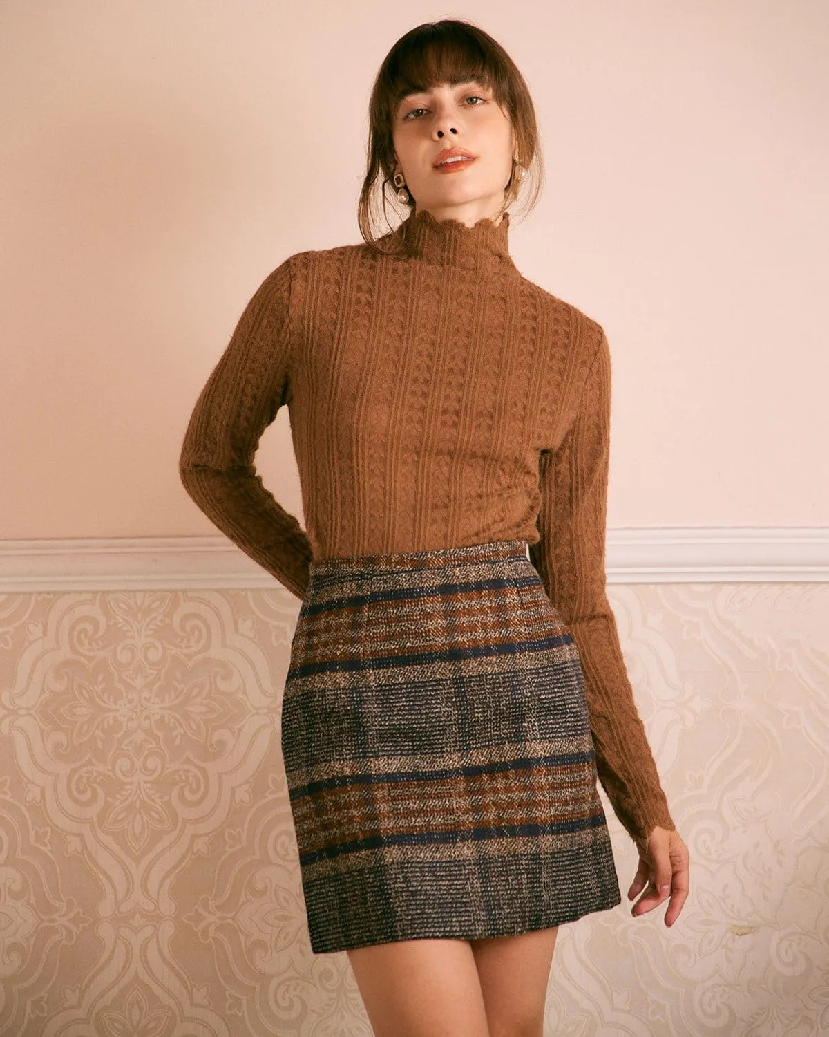 The Brown Mock Neck Textured Knit Top sold by rihoas product image thumbnail 4