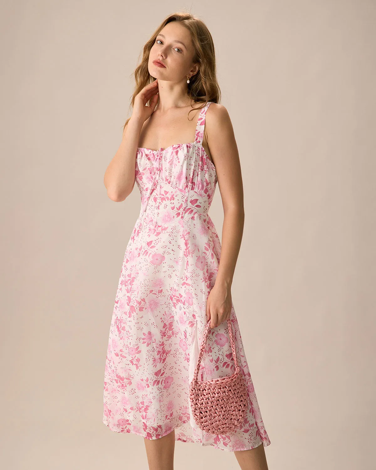 The Pink Square Neck Floral Ruched Midi Dress sold by rihoas product image thumbnail 3