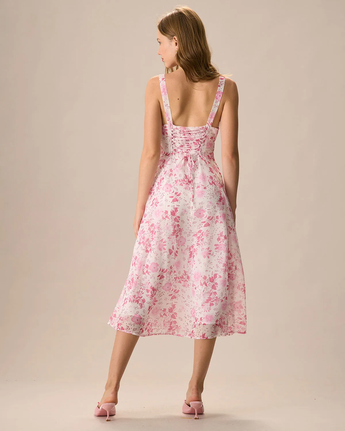 The Pink Square Neck Floral Ruched Midi Dress sold by rihoas product image thumbnail 5