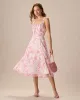 The Pink Square Neck Floral Ruched Midi Dress sold by rihoas