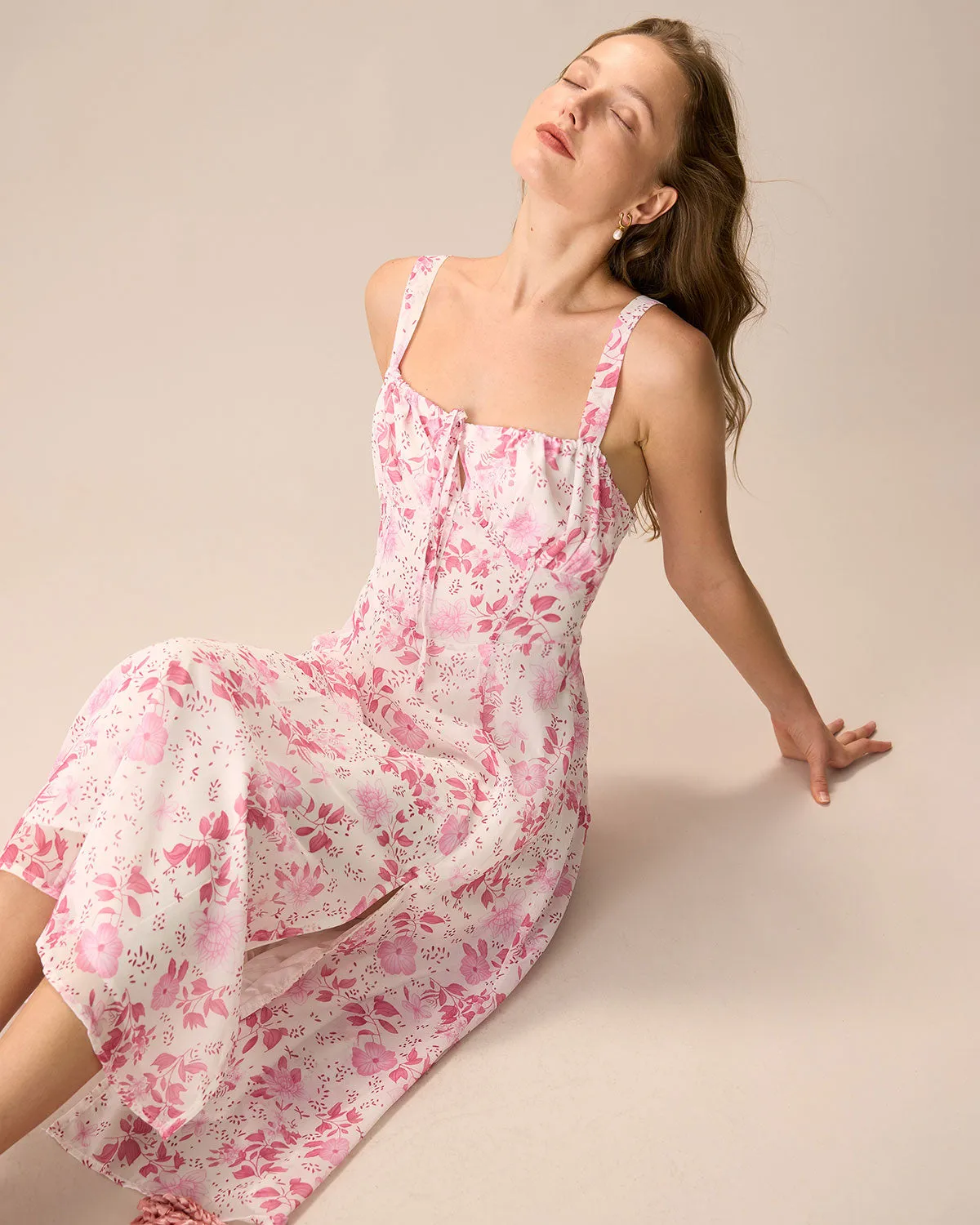 The Pink Square Neck Floral Ruched Midi Dress sold by rihoas product image thumbnail 4