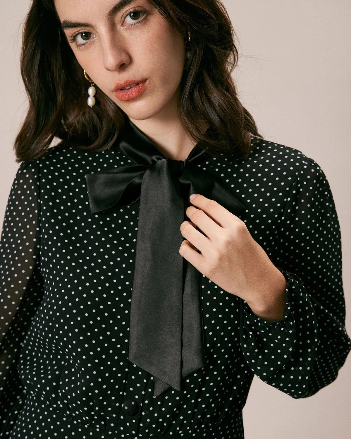 The Black Mock Neck Polka Dot Midi Dress sold by rihoas product image thumbnail 2