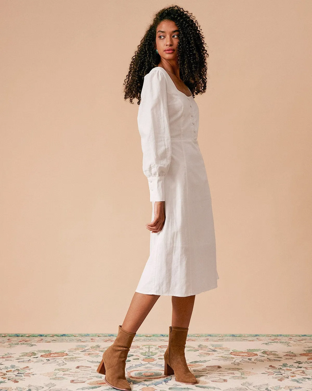 The White Solid Slit Long Sleeve Midi Dress sold by rihoas product image thumbnail 5