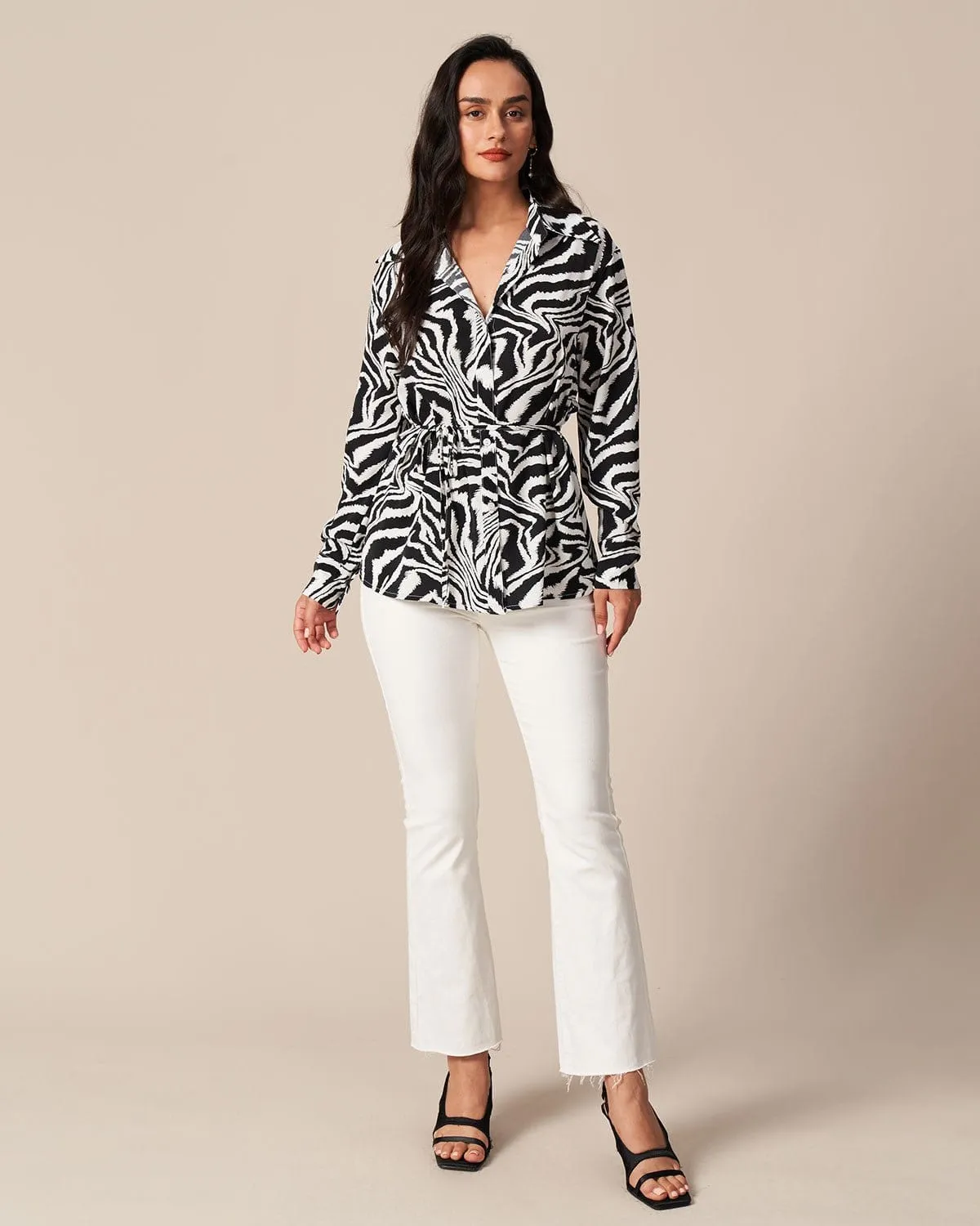 The Black Lapel Zebra Tie Waist Button Shirt sold by rihoas product image thumbnail 3