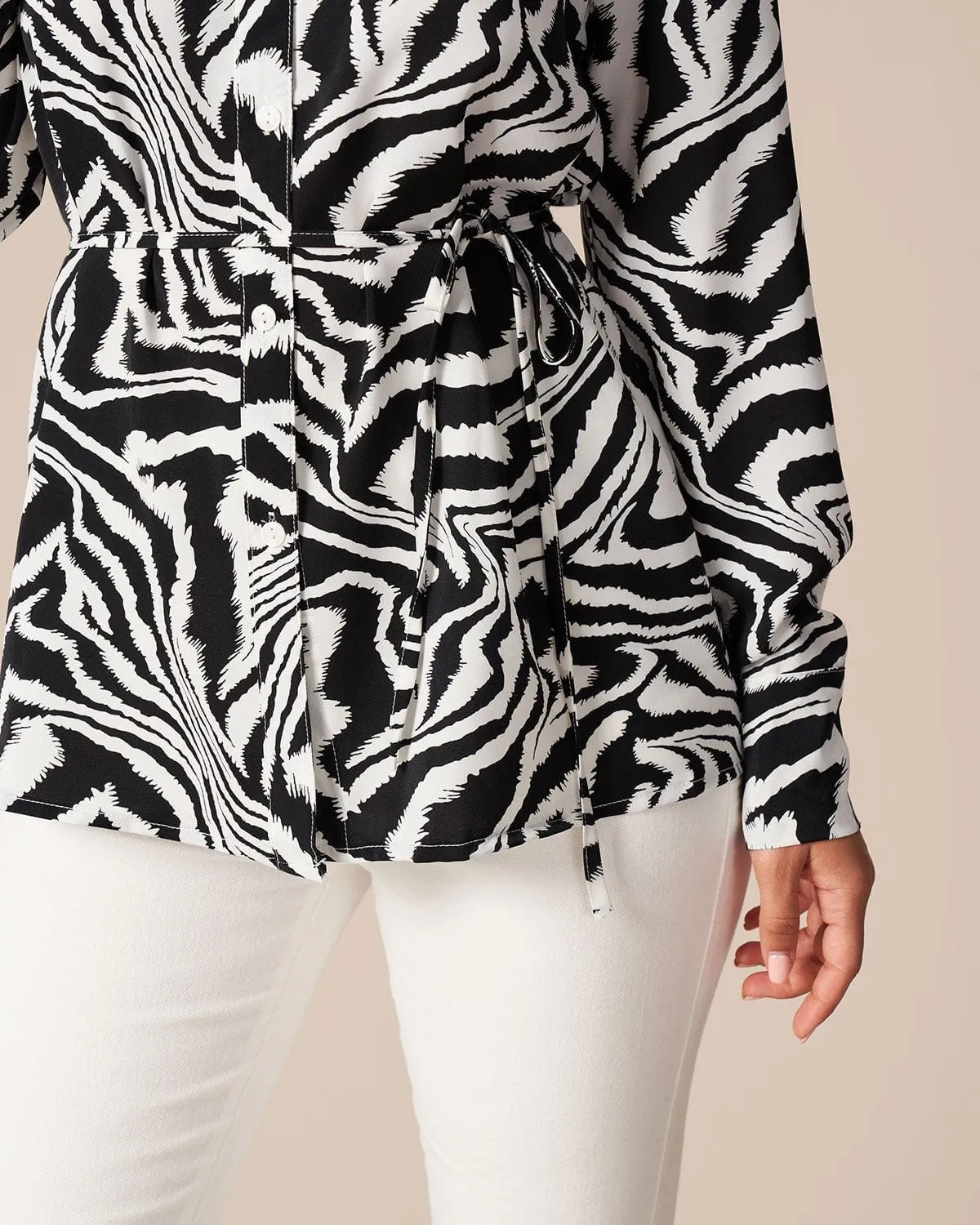 The Black Lapel Zebra Tie Waist Button Shirt sold by rihoas product image thumbnail 4