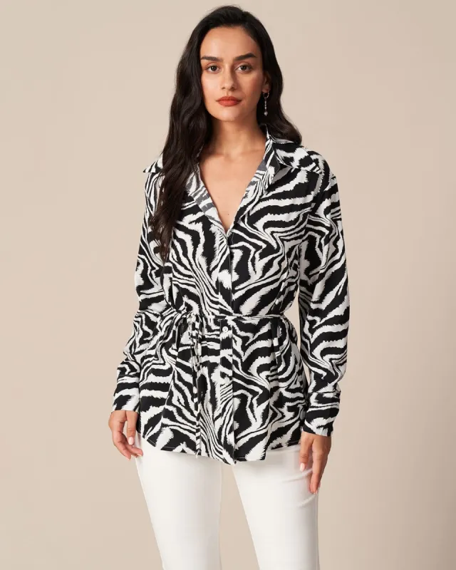 The Black Lapel Zebra Tie Waist Button Shirt sold by rihoas