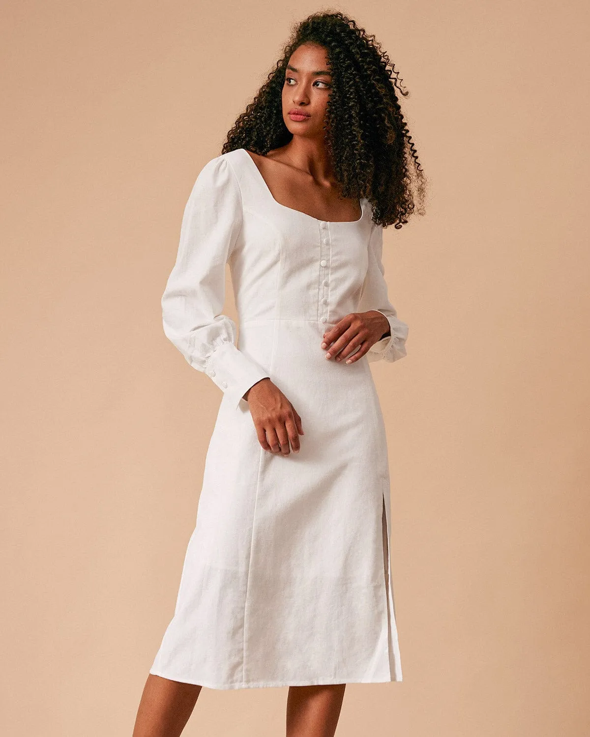 The White Solid Slit Long Sleeve Midi Dress sold by rihoas product image thumbnail 3