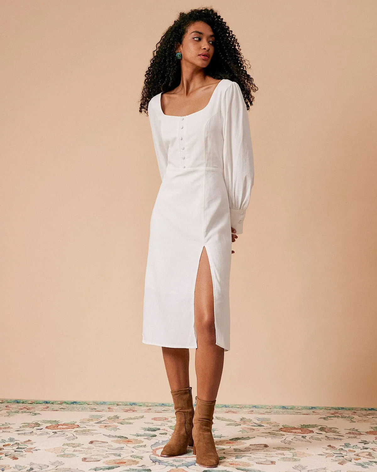 The White Solid Slit Long Sleeve Midi Dress sold by rihoas product image thumbnail 4