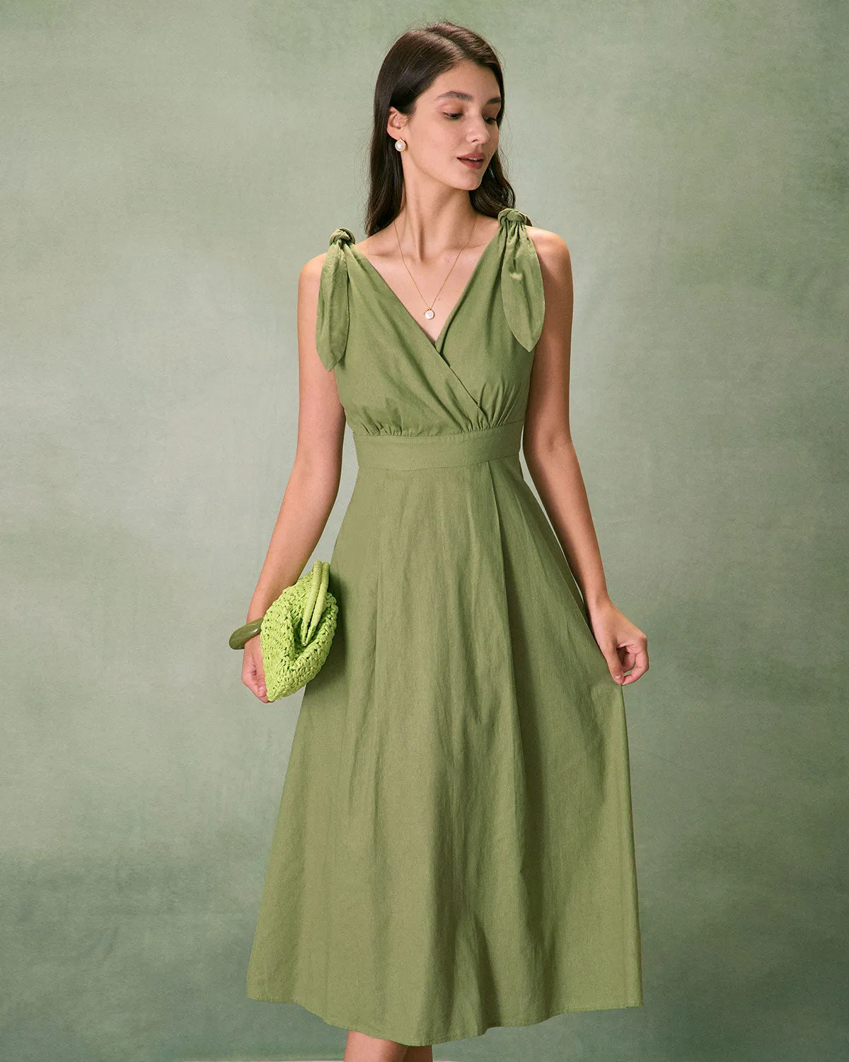 The Green Tie Strap Backless Midi Dress sold by rihoas