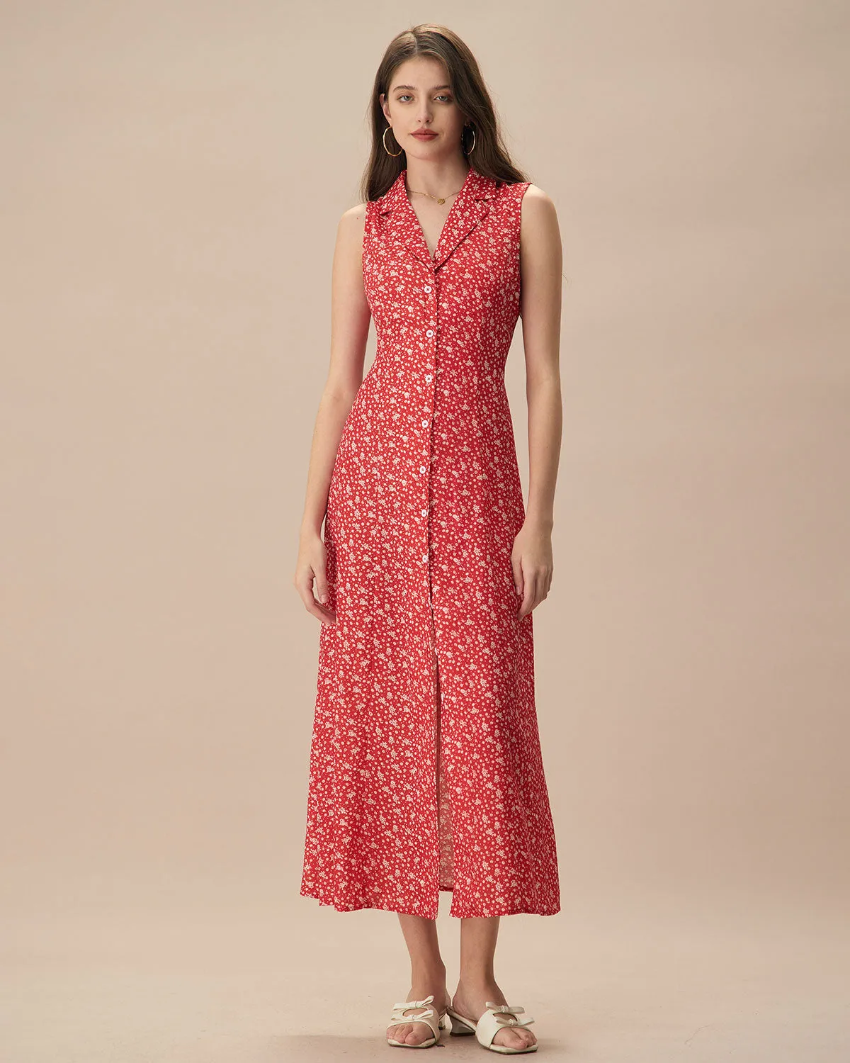 The Red Collared Button-up Floral Maxi Dress sold by rihoas product image thumbnail 3