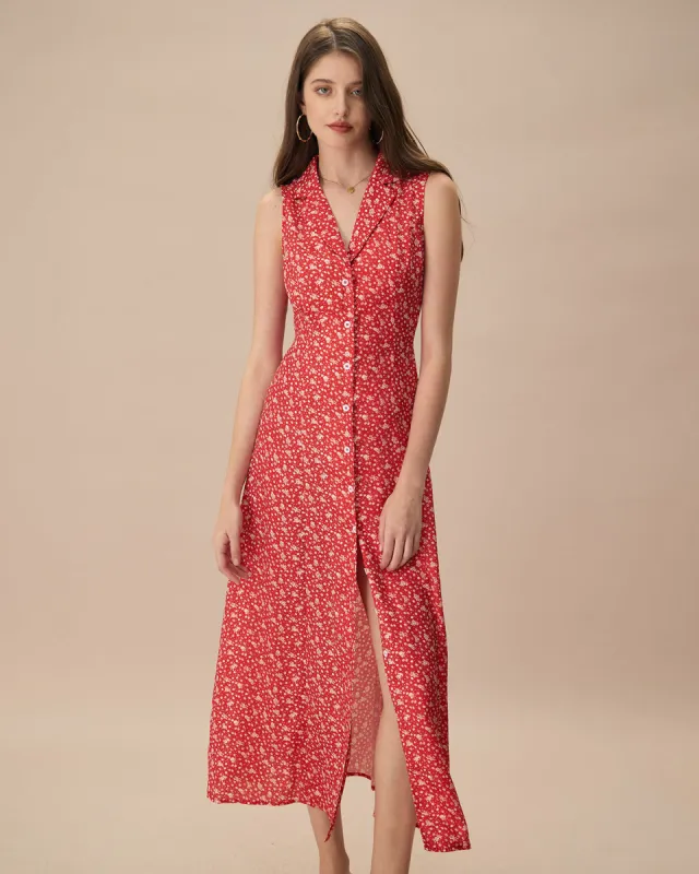 The Red Collared Button-up Floral Maxi Dress made by rihoas