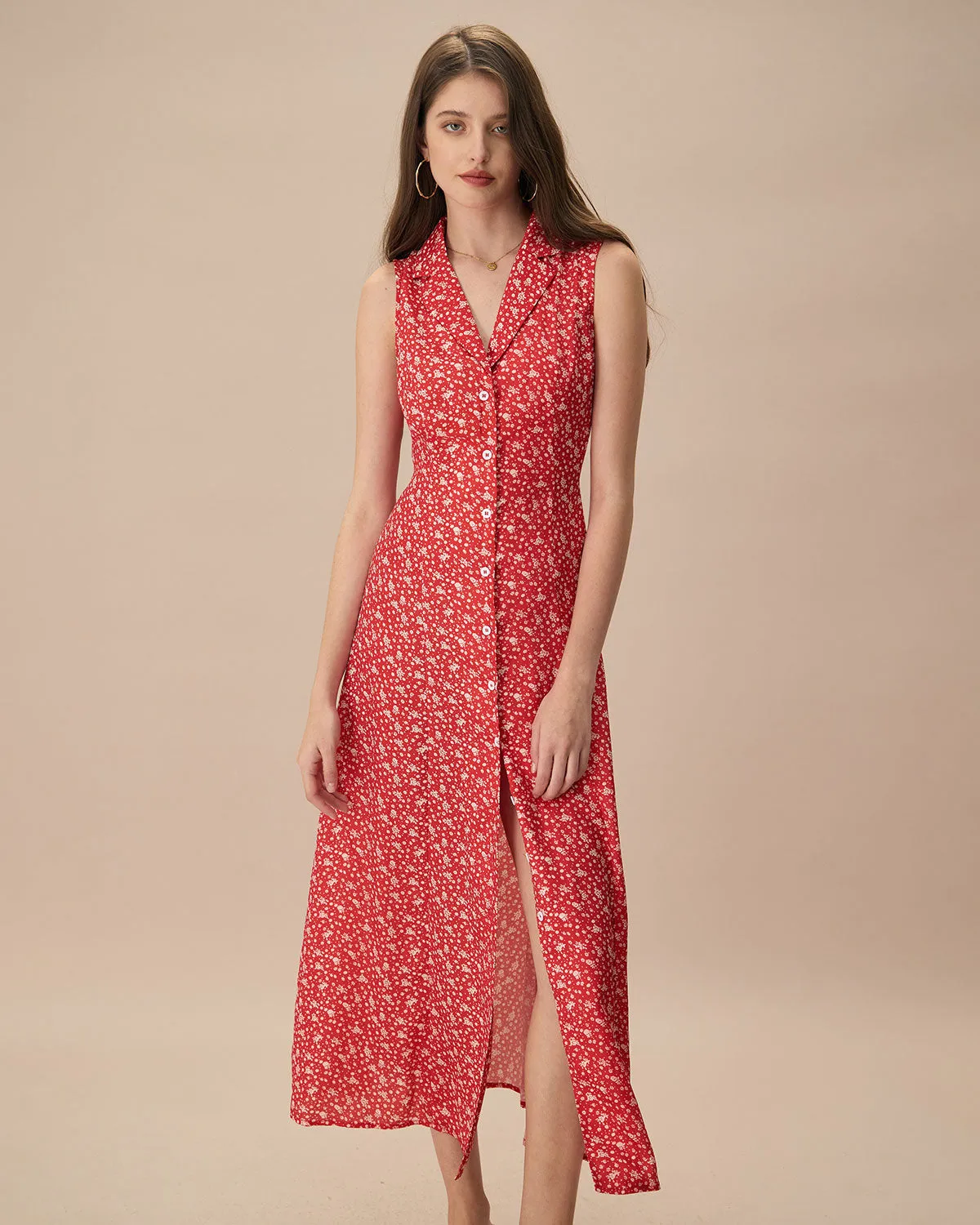 The Red Collared Button-up Floral Maxi Dress sold by rihoas