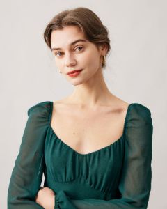 The Green Sweetheart Neck Sheer Sleeve Slit Midi Dress sold by rihoas