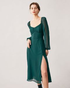 The Green Sweetheart Neck Sheer Sleeve Slit Midi Dress sold by rihoas