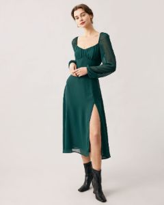 The Green Sweetheart Neck Sheer Sleeve Slit Midi Dress sold by rihoas