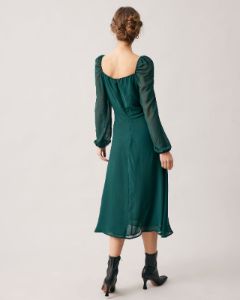 The Green Sweetheart Neck Sheer Sleeve Slit Midi Dress sold by rihoas